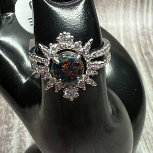 NEW Bomb Party Lab Black Fire Opal Cubic Zirconia Rhodium Plate Ring Size 9